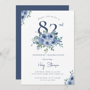Watercolor Dusty Blue Floral 82nd Chic Birthday Invitation