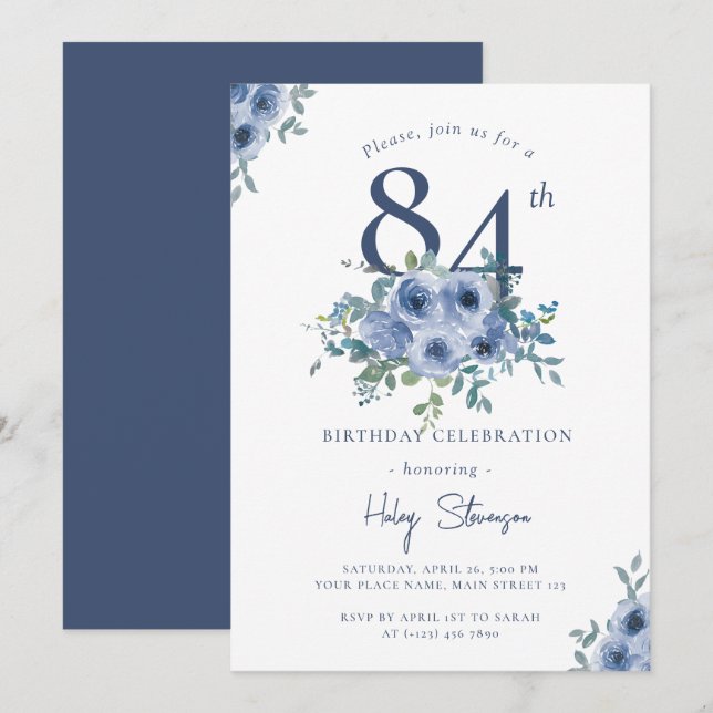 Watercolor Dusty Blue Floral 84th Chic Birthday Invitation (Front/Back)