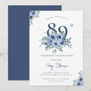 Watercolor Dusty Blue Floral 89th Chic Birthday Invitation