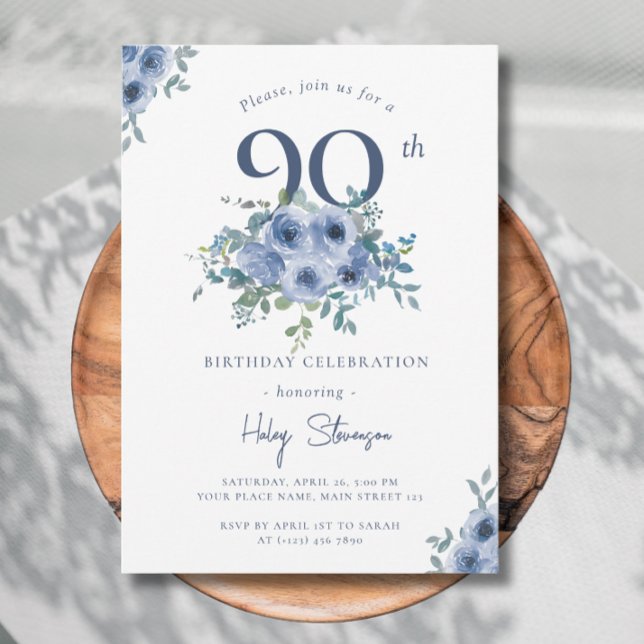 Watercolor Dusty Blue Floral 90th Chic Birthday Invitation (Creator Uploaded)