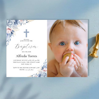 Watercolor Dusty Blue Floral Baby Photo Baptism Magnetic Invitation
