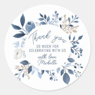 Watercolor Dusty Blue Floral Boho Bridal Shower Classic Round Sticker