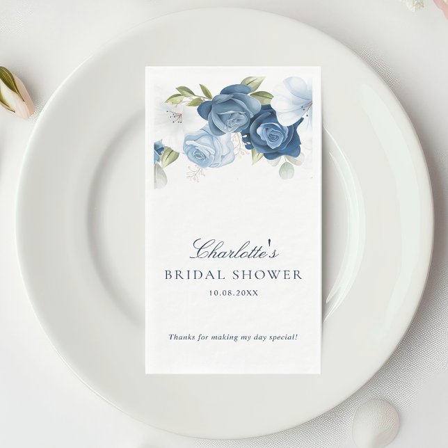 Watercolor Dusty Blue Floral Bridal Shower Napkin (Dusty Blue Script Watercolor Bridal Shower Guest Paper Towel)