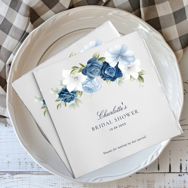 Watercolor Dusty Blue Floral Bridal Shower Paper Napkin (Elegant Dusty Blue Floral Watercolor Script Bridal Shower Paper Napkins)
