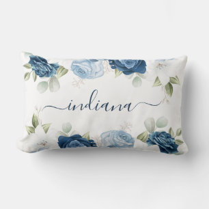 Watercolor Dusty Blue Floral Elegant Monogram Lumbar Cushion