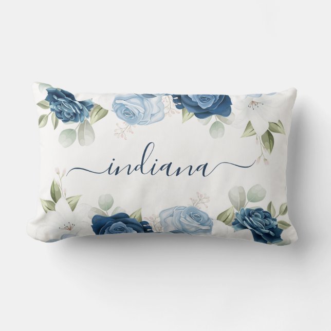 Watercolor Dusty Blue Floral Elegant Monogram Lumbar Cushion (Front)