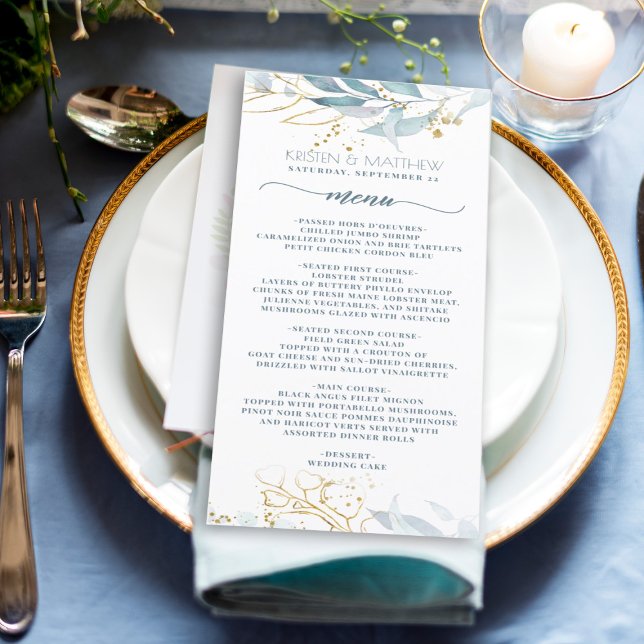 Watercolor Dusty Blue Floral Gold Elegant Wedding Menu (Elegant dusty blue greenery with gold accent makes this the perfect menu for your boho wedding)