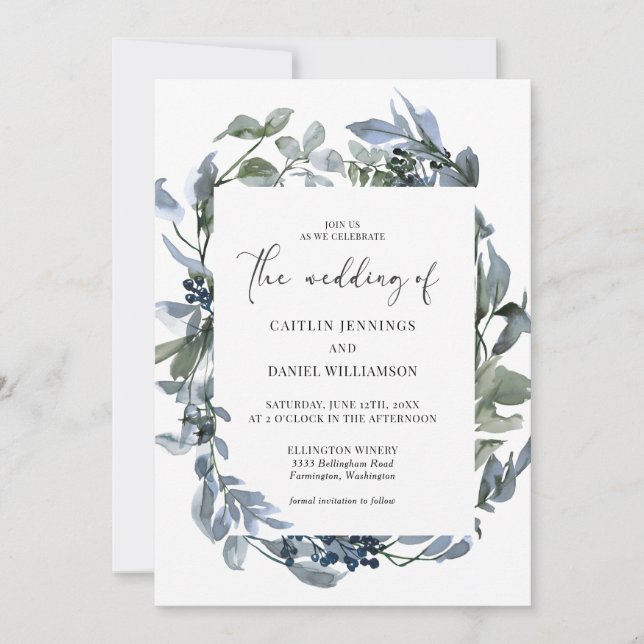 Watercolor Dusty Blue Floral Greenery Wedding  Invitation (Front)