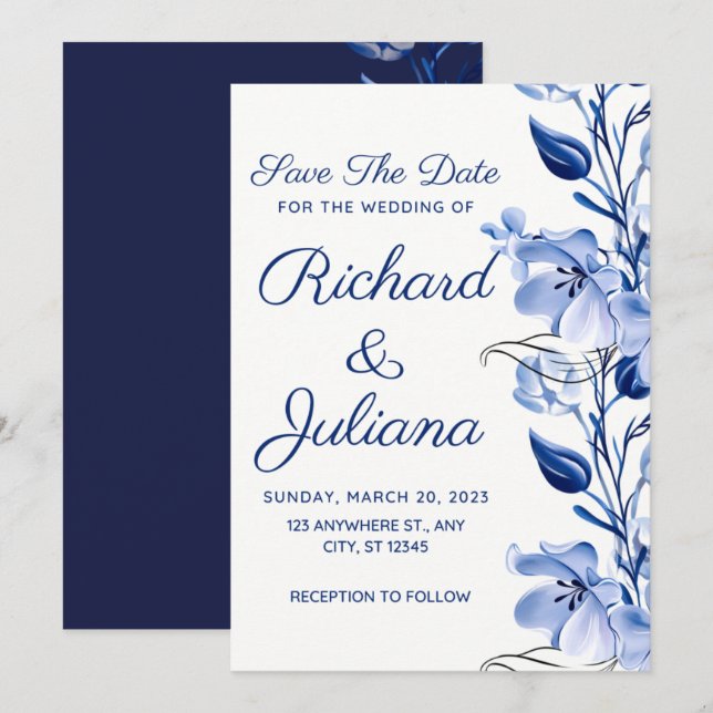watercolor dusty blue floral navy blue wedding  invitation (Front/Back)
