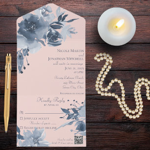 Watercolor Dusty Blue Floral on Blush with QR Code All In One Invitation