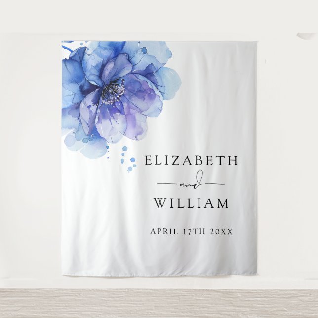 Watercolor Dusty Blue Floral Photo Booth Backdrop Tapestry (Front)