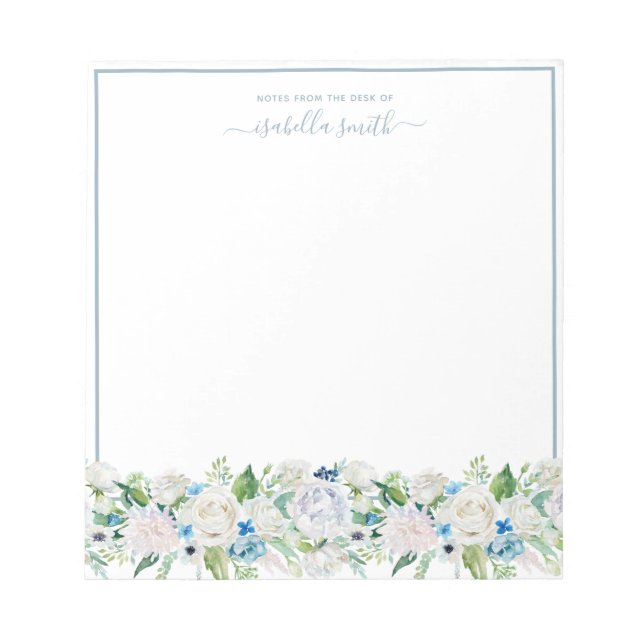 Watercolor Dusty Blue Floral Romantic Elegant Notepad (Front)