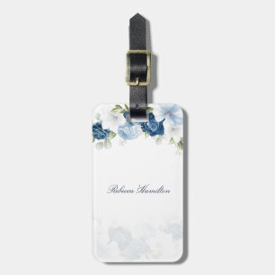 Watercolor Dusty Blue Floral Script Custom Luggage Tag