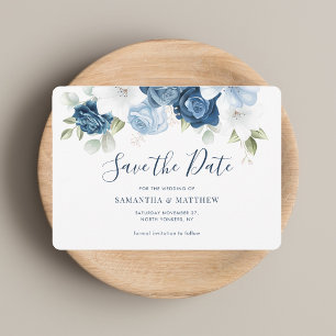 Watercolor Dusty Blue Floral Script Save The Date