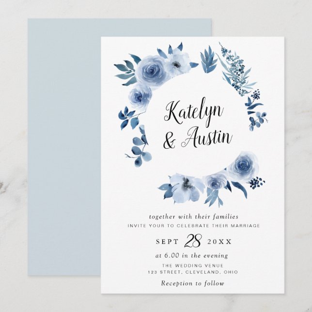 Watercolor dusty blue floral wedding invitation (Front/Back)