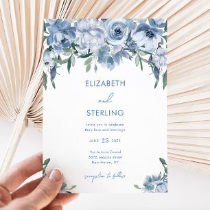 Watercolor Dusty Blue Floral Wedding Invitation