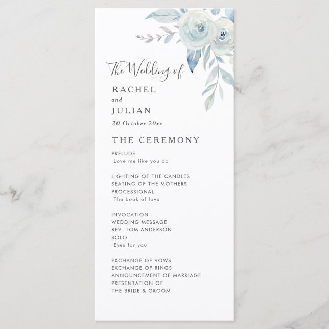 Watercolor dusty blue floral wedding program programme (Front)