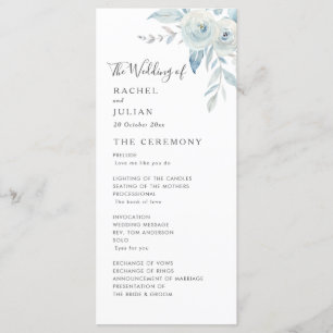 Watercolor dusty blue floral wedding program programme