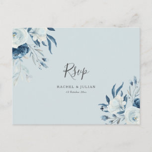 Watercolor dusty blue floral wedding RSVP Postcard
