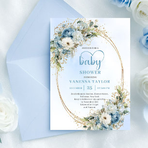 Watercolor Dusty Blue Flowers Gold Baby Shower  Invitation