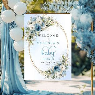 Watercolor Dusty Blue Flowers Gold Baby Shower Sig Poster