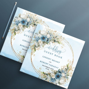 Watercolor Dusty Blue Flowers Gold Guest Book