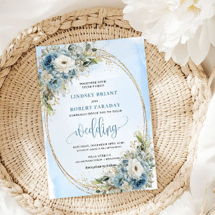 Watercolor Dusty Blue Flowers Gold Wedding Invites