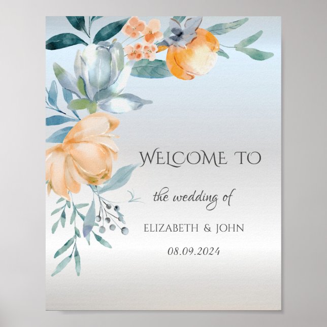 Watercolor Dusty Blue Flowers Silver Wedding Poster (Front)