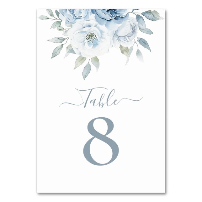 watercolor dusty blue flowers table number (Front)