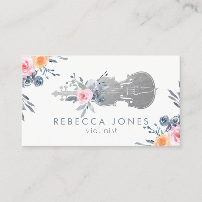 watercolor dusty blue flowers violin business card (Front)