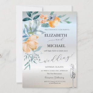 Watercolor Dusty Blue Flowers Wine Glass Silver Invitation