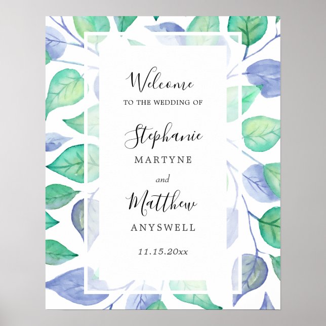 Watercolor Dusty Blue Green Leaves Foliage Wedding Poster (Front)