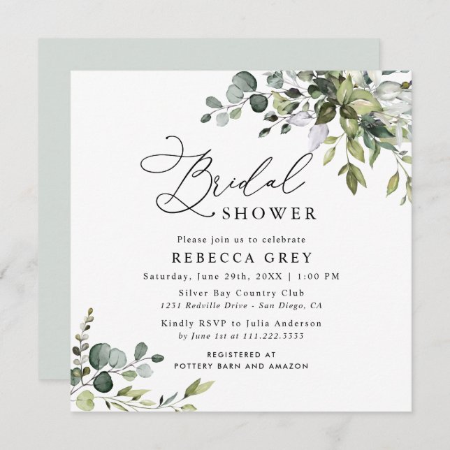 Watercolor Dusty Blue Greenery Bridal Shower Invitation (Front/Back)