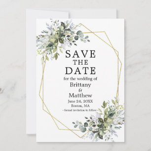 Watercolor Dusty Blue Greenery Geometric Frame Save The Date
