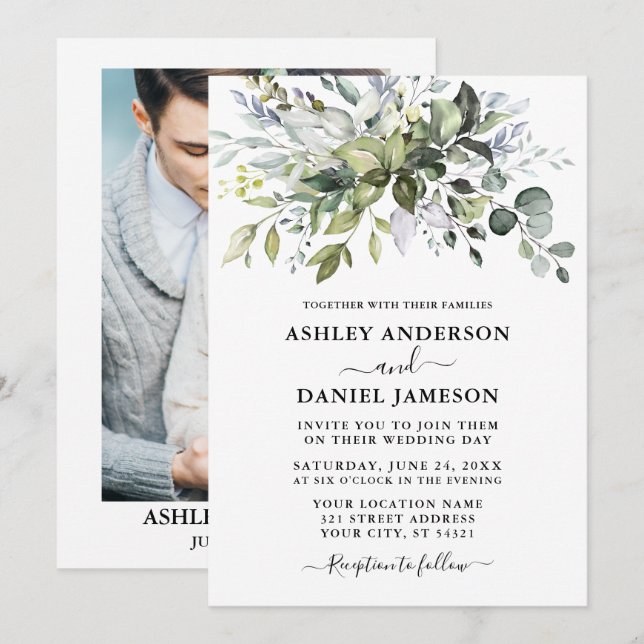 Watercolor Dusty Blue Greenery Photo Wedding Invitation (Front/Back)