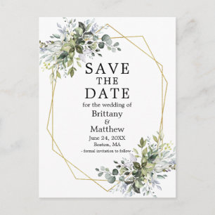 Watercolor Dusty Blue Greenery Save The Date Postcard