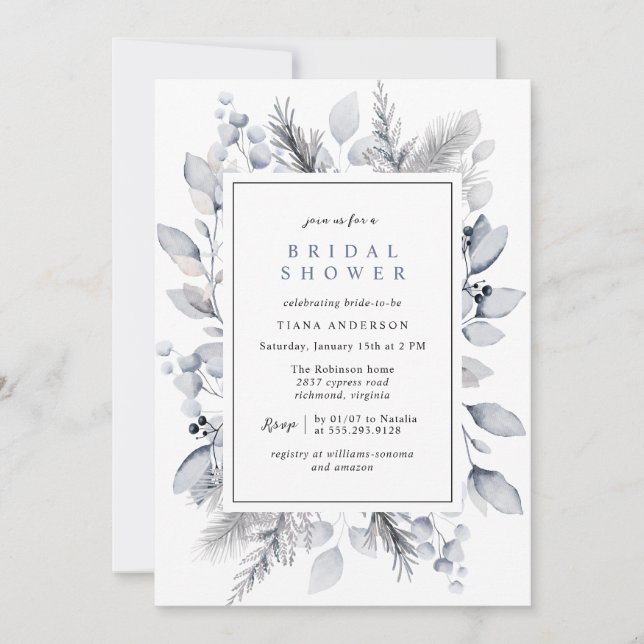 Watercolor Dusty Blue Grey Winter Bridal Shower Invitation (Front)