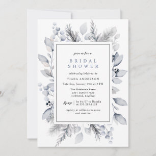 Watercolor Dusty Blue Grey Winter Bridal Shower Invitation