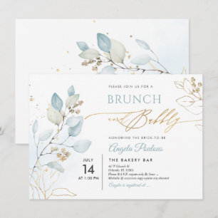 Watercolor Dusty Blue Gum Eucalyptus Brunch Bubbly Invitation