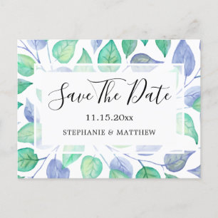 Watercolor Dusty Blue Leaves Wedding Save The Date Announcement Postcard