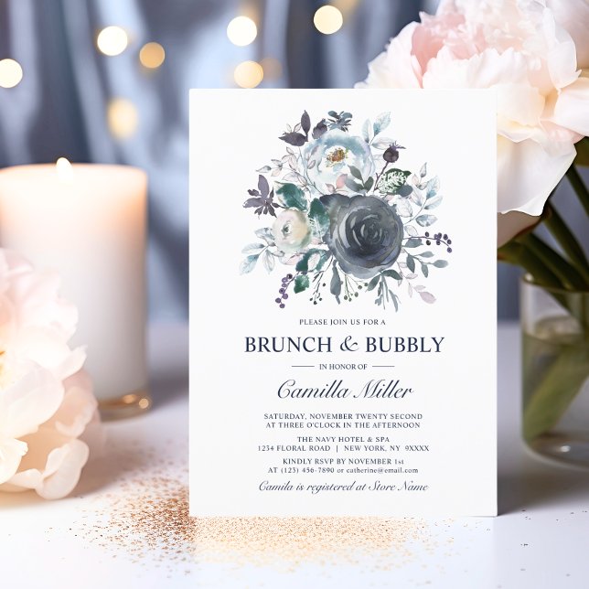 Watercolor Dusty Blue Navy Floral Bridal Brunch Invitation (Watercolor Dusty Blue Navy Floral Bridal Brunch Invitation)
