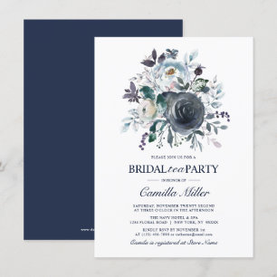 Watercolor Dusty Blue Navy Floral Bridal Tea Party Invitation