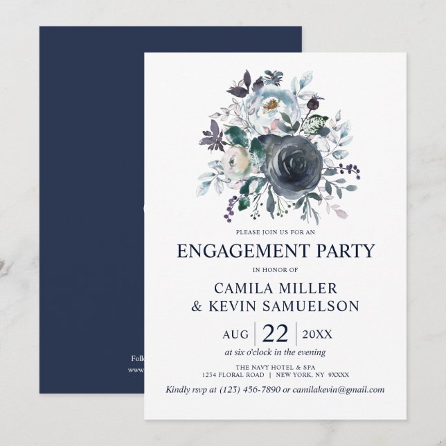Watercolor Dusty Blue Navy Floral Engagement Party Invitation (Front/Back)