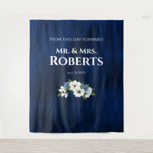 Watercolor Dusty Blue Navy Floral Wedding Wall Tap Tapestry