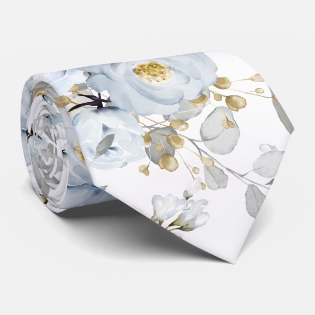 Watercolor Dusty Blue Peonies Roses Neck Tie (Rolled)