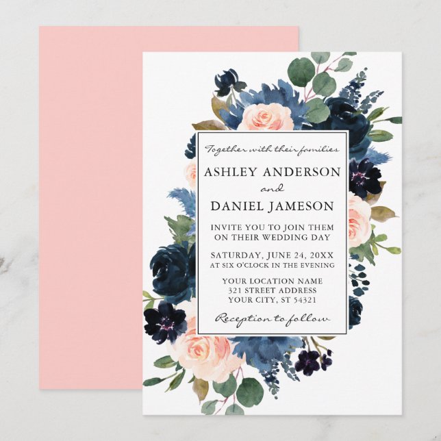 Watercolor Dusty Blue Pink Blush Floral Wedding Invitation (Front/Back)