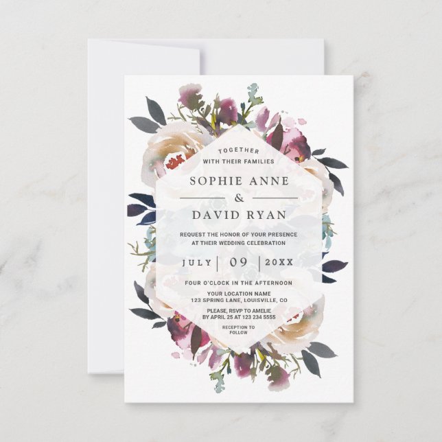 Watercolor Dusty Blue Pink Floral Bouquet Wedding Invitation (Front)