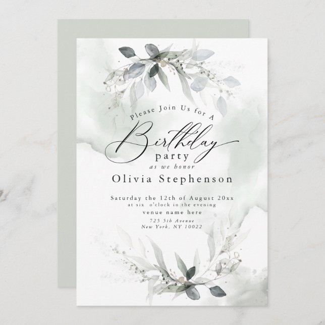 Watercolor Dusty Blue Poppy Birthday Invitation (Front/Back)