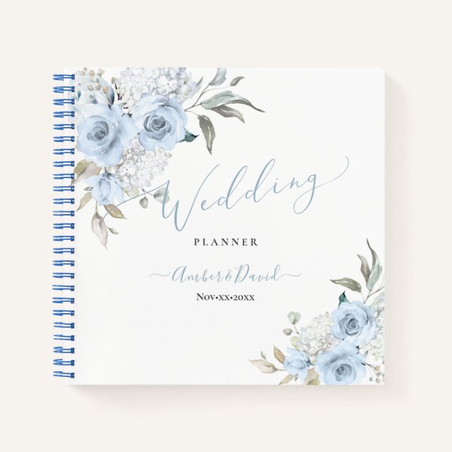WATERCOLOR DUSTY BLUE ROSES WEDDING PLANNER NOTEBOOK (Front)
