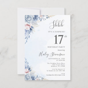 Watercolor Dusty Blue Surprise 17th Birthday Party Invitation